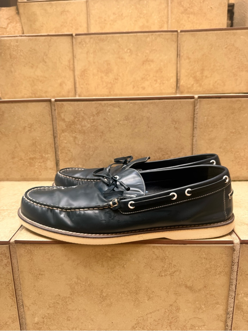 Louis Vuitton Men's Navy Blue Leather Moccasin Loafers with LV Hardware - Picture 3 of 10